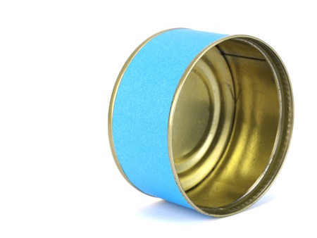 bank of canned tuna fish with blue label on a white background