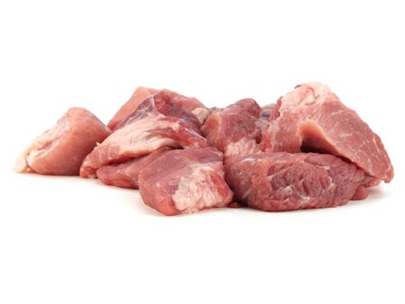 Raw pork pices on a white backgroundの写真素材