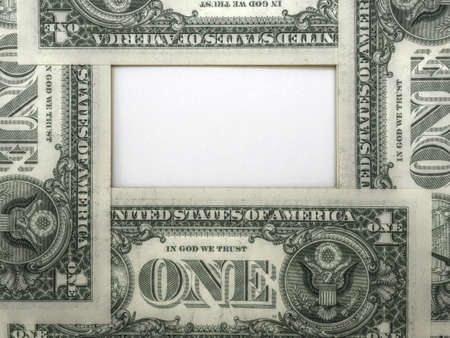 American dollars with place for text. 1 dollar bills on the reverse side are laid out in a ring and form a copy-space. White paper surface in the center. Aged effect shotの写真素材