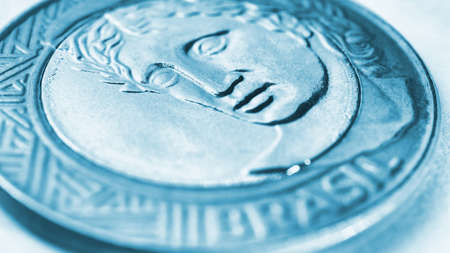 Brazilian 1 real coin close-up. Figure of the Republic, the national symbol of Brazil. Light blue tinted background or wallpaper about money, finance, currency and economy. Macroの写真素材
