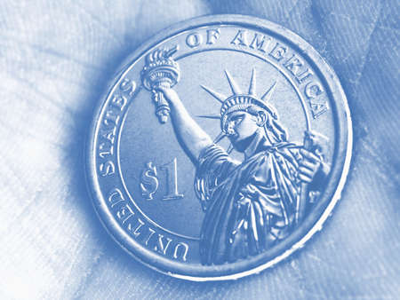 US coin lies on the palm. 1 dollar coin close up. Light pale blue tinted background or wallpaper. Economy, finance or banking. The Statue of Liberty. Macroの写真素材