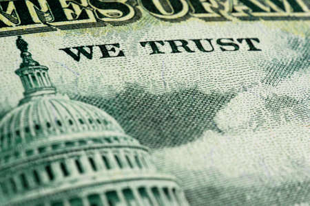 american paper money. Fragment of reverse of $50 bill showing the Capitol. US banknote close-up. Green tinted illustration. National debt and US dollar. bonds and treasuries. Macroの写真素材