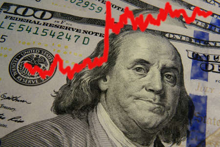 Hundred dollar bill closeup and a graph of the change in the dollar exchange rate