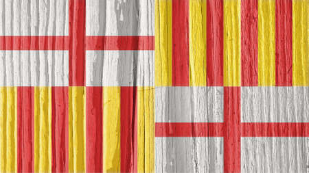 Flag of the city of Barcelona on dry wooden surface, cracked with age. It seems to flutter in the wind. Background, wallpaper or backdrop with municipal symbol. old wood. hard sunlight with shadowsの写真素材