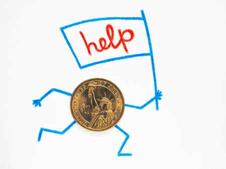 One dollar coin lies on sheet of white paper. Hands and feet are drawn with pencil, runs with flag on which the word help is written. Illustration about government support and public assistance in USの写真素材