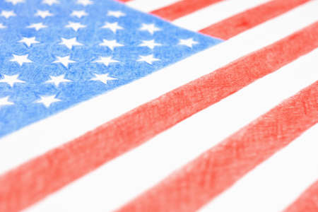 The USA national flag hand-drawn with colored pencils on paper. Patriotic background, wallpaper or backdrop. Handmade Stars and Stripes. American Independence Day. July 4 and Flag Dayの写真素材