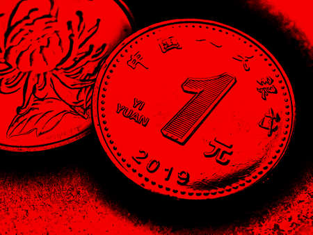 1 one Chinese yuan coin close-up. Dark black and red illustration about the economy, business, money...