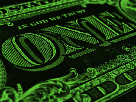 american paper money. 1 US dollar bill. Word one close up. Dark green inverted background or wallpaper. USA economy and business. federal reserve note. Macroの写真素材