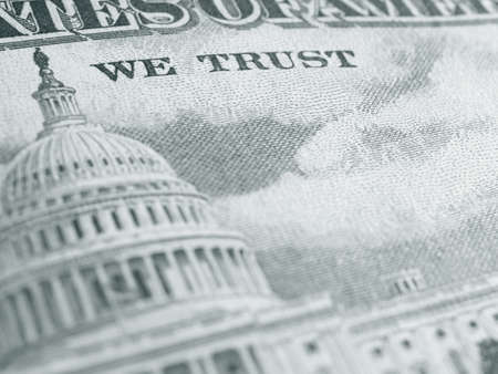 American paper money background. Fragment of reverse of $50 bill showing the Capitol. US banknote closeup. Black and white backdrop. Public national debt and the US dollar. bonds and treasuries. Macroの写真素材