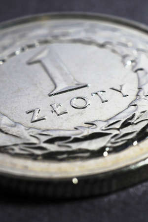 Translation: 1 zloty. Fragment of Polish one zloty coin close-up. National currency of Poland. Vertical illustration for news about economy or finance. Loan and credit. Wages and taxes. Macroの写真素材