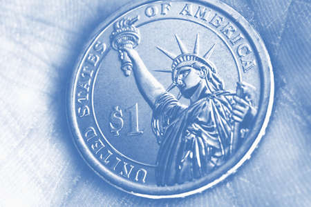 US coin lies on the palm. 1 dollar coin close up. Light pale blue tinted wallpaper. Economic, financial or banking background. The Statue of Liberty. Macroの写真素材