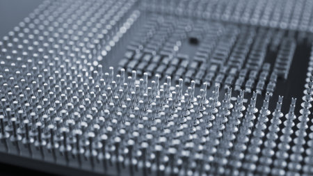 computer processor close up. Dark gray tinted background or backdrop. information technology wallpaper. A pattern of contacts and semiconductors of a pc microprocessor. Macroの写真素材