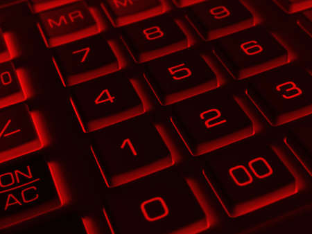 Calculator buttons close-up. Inverted dark black and red keyboard. Dark background or wallpaper. Economy, finance, money, commerce, taxes. Bank, credit, loan, interest. Macroの写真素材