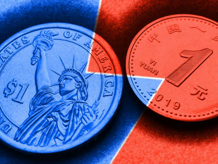 Translation: People's Bank of China, one yuan. 1 American dollar and 1 Chinese yuan coins. Blue and red tinted illustration on the theme of economic rivalry between the United States and China. Macroの写真素材
