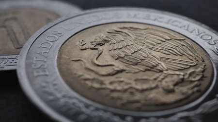 Coin 5 Mexican pesos close up. Peso of Mexico. Reverse of coin with coat of arms of country. Eagle and snake. Low saturation money wallpaper. News about economy or business. Loan and credit. Macroの写真素材