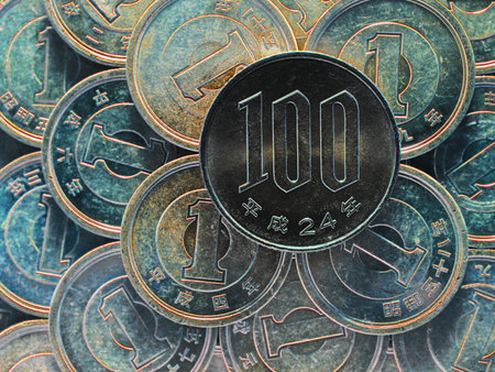 100 yen lies on a pyramid of Japanese 1 yen coins. view from above. inverted colors. Dark catchy illustration. Money seems to be covered with a patina. News about the economy and finance of Japanの写真素材