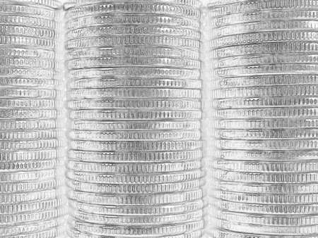 Background from stacks and edges of nickel coins. Bleached black and white wallpapers on economic, financial or banking topics. Wall of Russian coins in 1 one ruble. Macroの写真素材