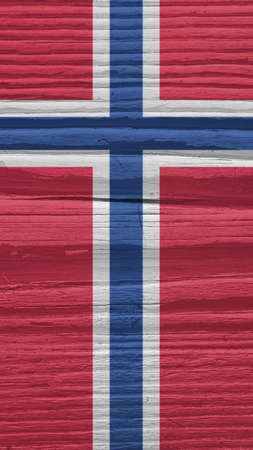 The flag of Norway on a dry wooden surface, cracked with age. It seems to flutter in the wind. Mobile phone wallpaper or background with national symbol. Scandinavian cross. hard sunlight with shadowsの写真素材