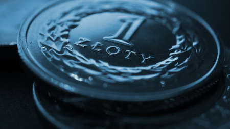 Translation: 1 zloty. Polish one zloty coin close-up. National currency and money of Poland. Dark blue tinted wallpaper or background for news about economy or finance. Macroの写真素材
