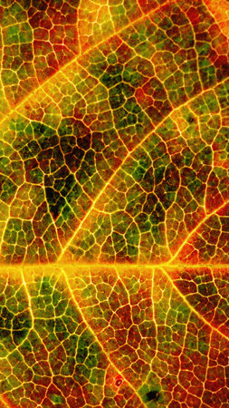 Leaf of a fruit plant closeup. Abstract natural vertical background. Yellow and red colorful colors....