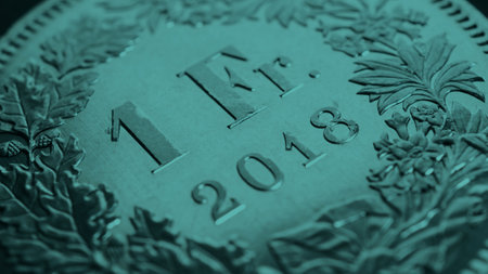 1 Swiss Franc close up. Dark turquoise tinted background about economy or business. Blue green banking wallpaper. Money and Central Bank in Switzerland. swiss currency. Macroの写真素材