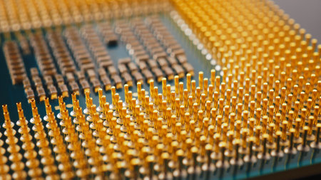 Microprocessor of computer close-up. CPU, semiconductor, pins and connectors. Electronic and computing equipment. digital technologies. semiconductor technology. science and data. Macroの写真素材