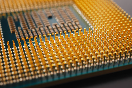 Microprocessor of computer close-up. CPU, semiconductor, pins and connectors. Electronic and computing equipment. digital technologies. semiconductor technology. science and data. Macroの写真素材