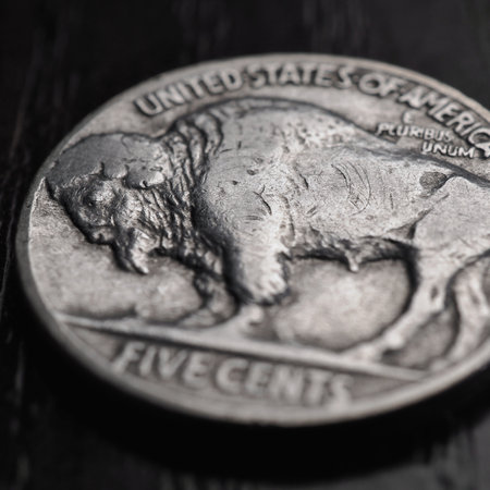US nickel. Coin 5 cents closeup. Black and white square illustration with American bison. Buffalo nickel. News about USA economy and money. public debt and treasuries. five-cent coin. Macroの写真素材