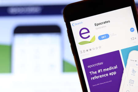 Los Angeles, California, USA - 26 November 2019: Epocrates icon on phone screen with logo on blurry background, Illustrative Editorial.のeditorial素材