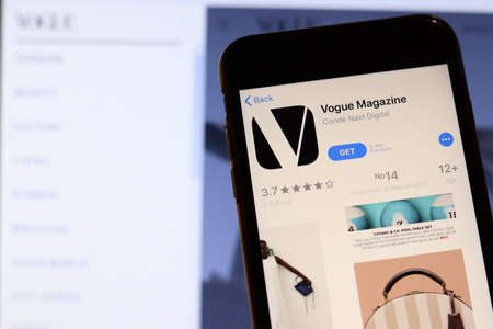 Los Angeles, California, USA - 27 November 2019: Vogue Magazine app icon on mobile phone screen with...