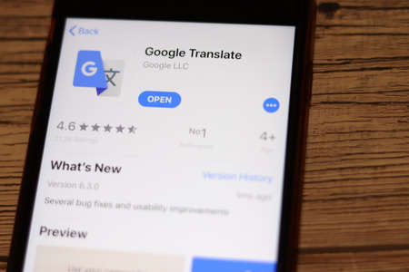 Los Angeles, California, USA - 27 November 2019: Google Translate App Store page close up, Illustrative Editorial.のeditorial素材