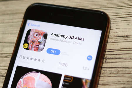 Phone with Anatomy 3D Atlas logo on screen top view close-up. Los Angeles, California, USA - 9 November 2019, Illustrative Editorial.のeditorial素材