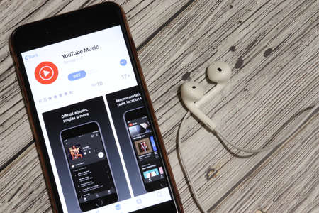Los Angeles, California, USA - 3 December 2019: Youtube Music App Icon on phone screen with...