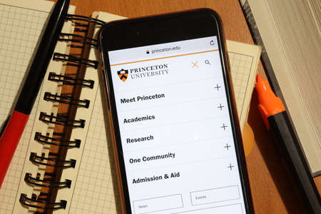 Los Angeles, California, USA - 7 December 2019: Phone screen with Princeton University website page top view. Higher education admission concept, Illustrative Editorial.のeditorial素材
