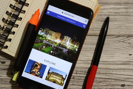 Los Angeles, California, USA - 7 December 2019: Phone screen with Columbia University website page top view. Higher education admission concept, Illustrative Editorial.のeditorial素材