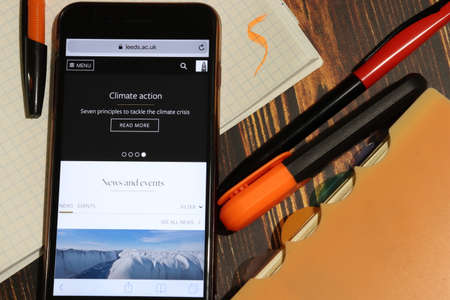 Los Angeles, California, USA - 7 December 2019: Mobile phone screen with University of Leeds website page close-up. Higher education admission and overview concept, Illustrative Editorialのeditorial素材