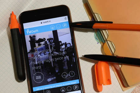 Los Angeles, California, USA - 7 December 2019: Mobile phone screen with Delft University of Technology website page close-up. Higher education admission and overview concept, Illustrative Editorial.のeditorial素材