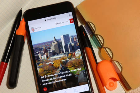 Los Angeles, California, USA - 7 December 2019: Mobile phone screen with Brown University website page close-up. Higher education admission and overview concept, Illustrative Editorial.のeditorial素材