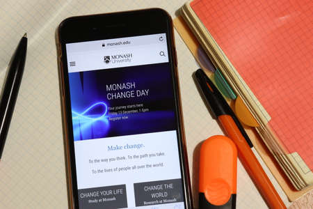 Los Angeles, California, USA - 7 December 2019: Mobile phone screen with Monash University website page close-up. Higher education admission and overview concept, Illustrative Editorial.のeditorial素材