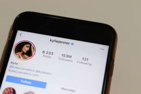 Los Angeles, California, USA - 18 December 2019: Kylie Jenner profile on Instagram on phone screen close-up, Illustrative Editorial.のeditorial素材