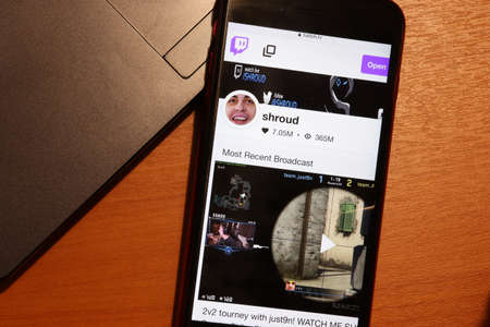 Los Angeles, California, USA - 18 December 2019: shroud account on Twitch.tv on phone screen close-up, Illustrative Editorial.のeditorial素材