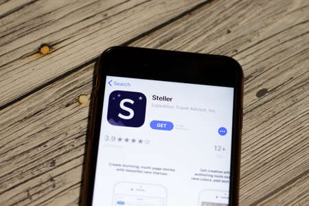 Saint-Petersburg, Russia - 25 December 2019: Steller icon on App Store page close up top view on phone screen, Illustrative Editorial.のeditorial素材
