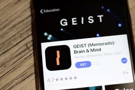 Saint-Petersburg, Russia - 25 December 2019: GEIST Memorado icon on App Store page close up top view on phone screen, Illustrative Editorial.のeditorial素材