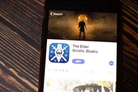 Saint-Petersburg, Russia - 25 December 2019: The Elder Scrolls Blades icon on App Store page close up top view on phone screen, Illustrative Editorial.のeditorial素材