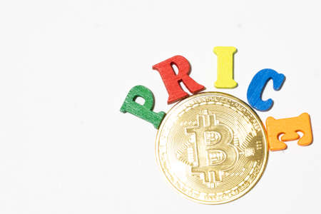 Price of bitcoin and cryptocurrency concept. White background flat lay with copy space.の写真素材