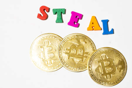 Word steal on white background top view. Bitcoin concept flat lay.の写真素材