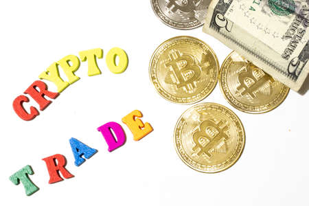 Crypto trade concept. Bitcoin and money on white background flat lay.の写真素材