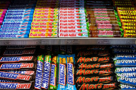 Saint-Petersburg, Russia - 30 December 2019: Different chocolate bars in store in Pulkovo Airport,...