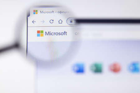 Saint-Petersburg, Russia - 10 January 2020: Microsoft website page on laptop display with logo,...