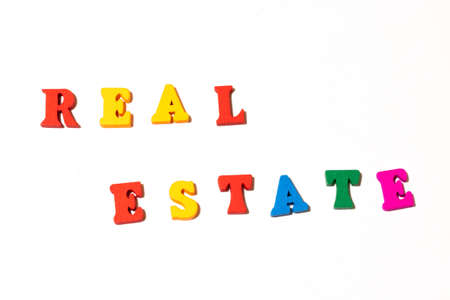 Word Real Estate letter board on white background. Flat lay for illustration.の写真素材